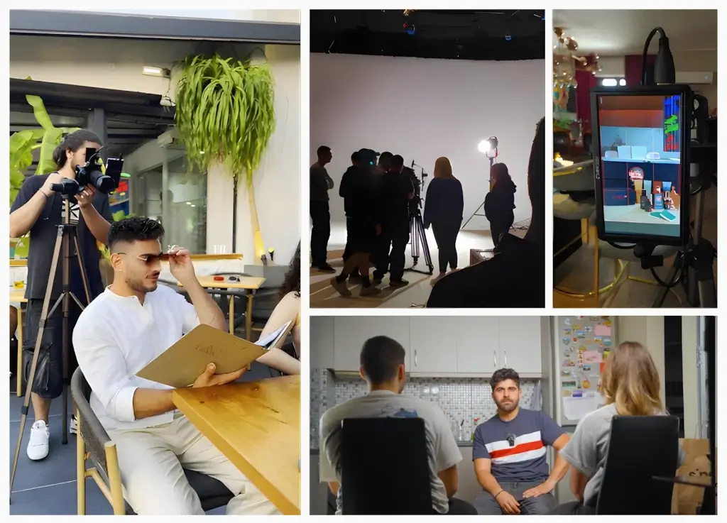 Behind-the-scenes collage of KTA Media filming and directing video projects for clients in various locations
